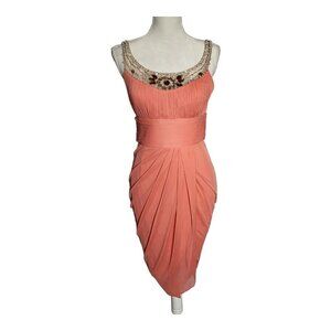 Adrianna Papell Size 10 Coral Peach Beaded Ruched Draped Cocktail Dress